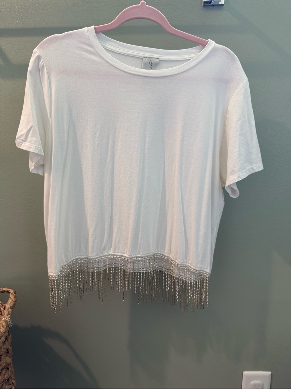 Joie Ivory Short Sleeve Tee with Beaded Fringe
